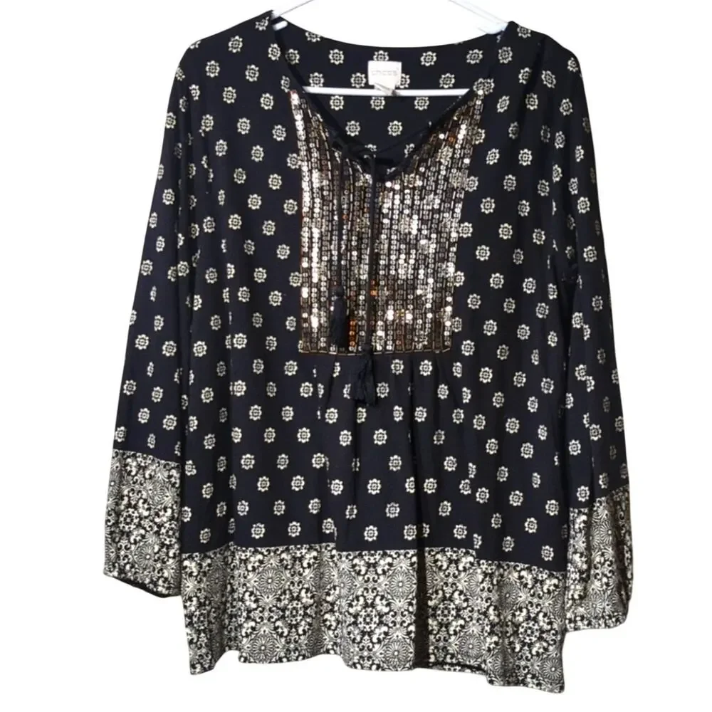 Chico's Sequin Beaded Front Placket Black/ White Peasant Elastic Sleeve Blouse 2